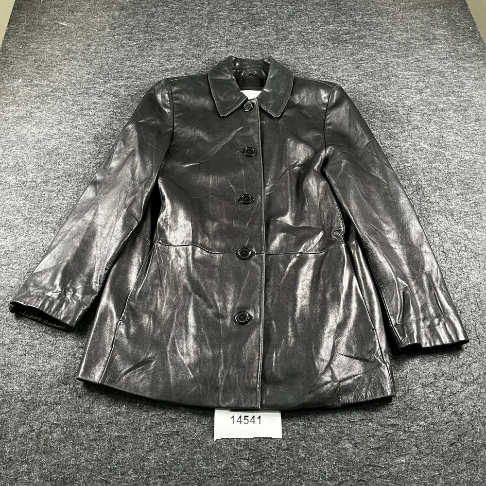 Liz Claiborne Leather Jacket Womens Small Black Long Sleeve Button Front Outdoor